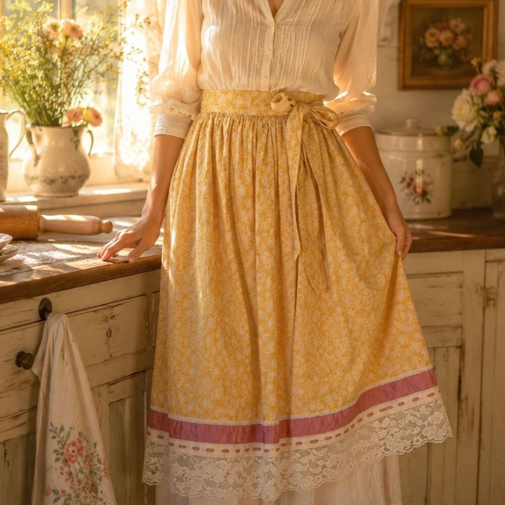 Vintage Cottagecore Floral Half Apron Lace Trim Prairie Farmhouse Romantic
